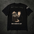 Who's Shaking the Jar? cream woodcut on black crew tee
