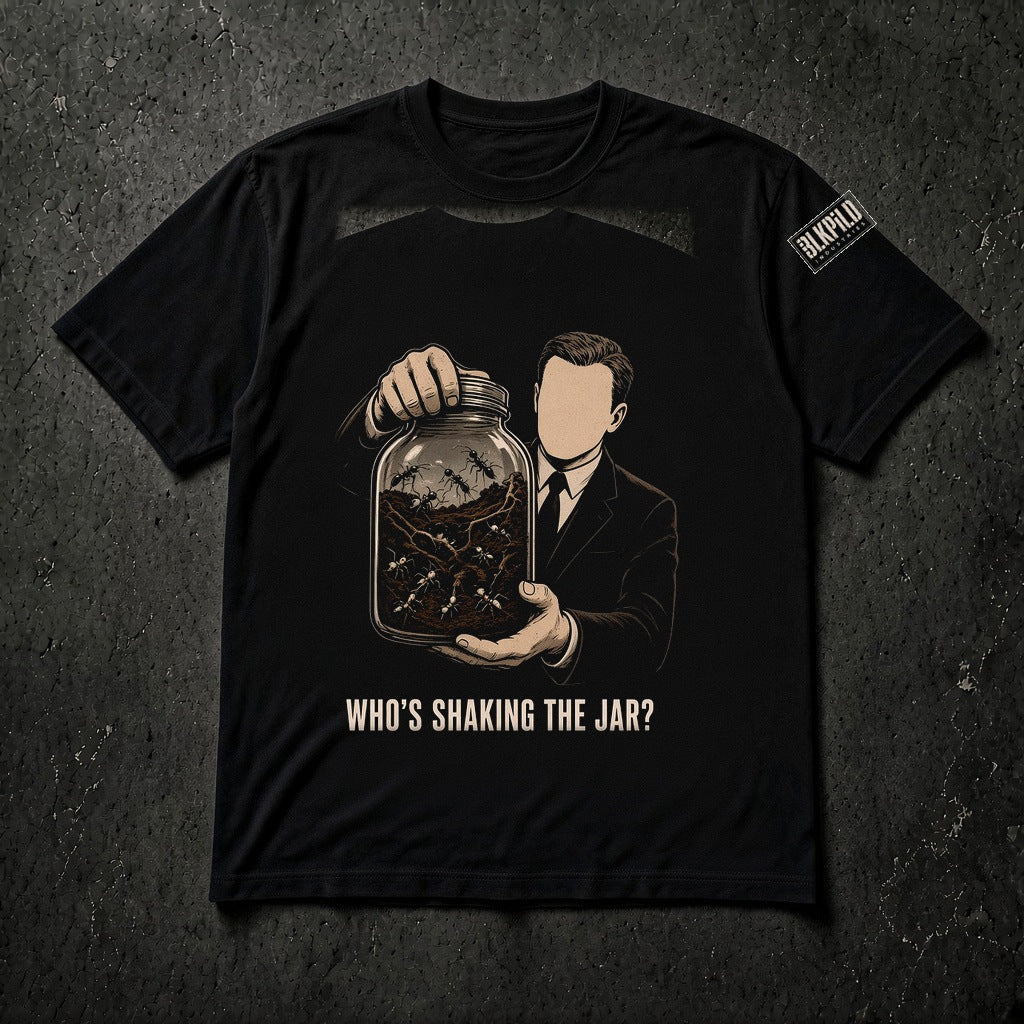Who's Shaking the Jar? cream woodcut on black crew tee